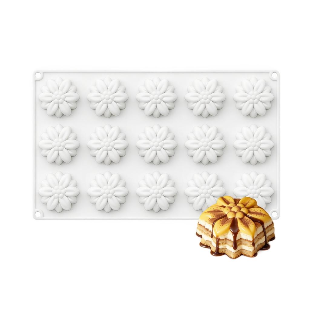Silicone Baking Mold 15 Cavities Floral Design French Mousse Cake Chocolate Cookie Mold Flexible Non-Stick Silicone Baking Tray for Pastry