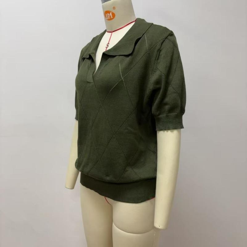 Women Summer Thin Knit Polo Collar Short Sleeve Slim Commute Top