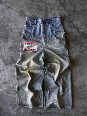 Street Hip Hop Blugi cu imprimeu cu litere Bărbați Y2k Goth Punk Harajuku Pantaloni largi rupți Retro Pantaloni largi cu talie dublă cu picior drept