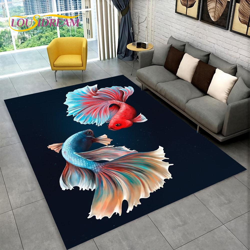 3D Pastoral Tai Chi Carp Fish Area Rug,Carpet Rug for Living Room Bedroom Sofa Doormat Decor,Kid Play Kitchen Non-slip Floor Mat