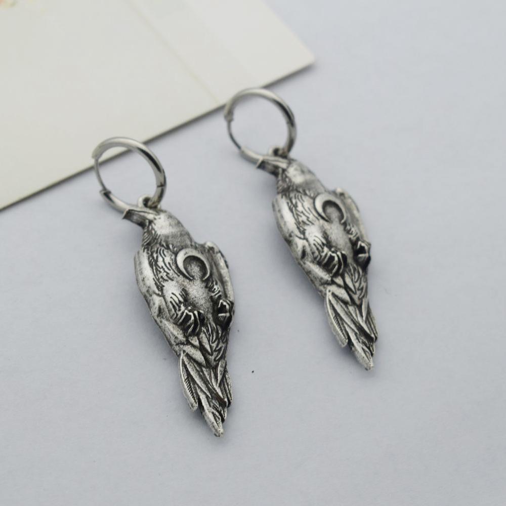 Norse Viking Wiccan Moon Phase Raven Earrings Stainless Steel Hook Handmade Jewelry