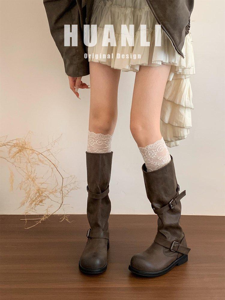 "Fried Street Babes!" Retro polished old locomotive boots women's thick heel medium boots tooling but knee boots