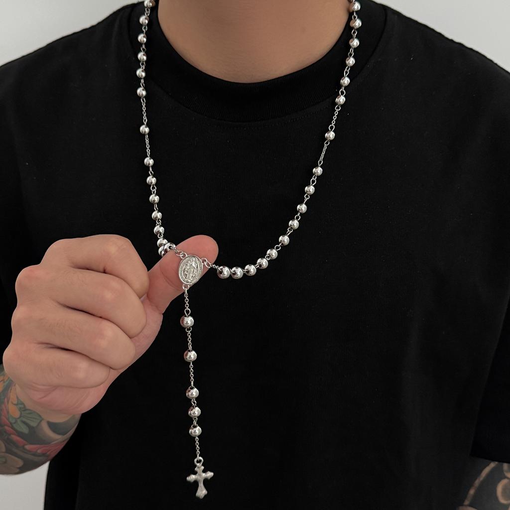 Salircon Hip Hop Punk 3 Styles Stainless Steel Beaded Chain Jesus Cross Pendant Necklace Men Christian Christ Long Chain Jewelry