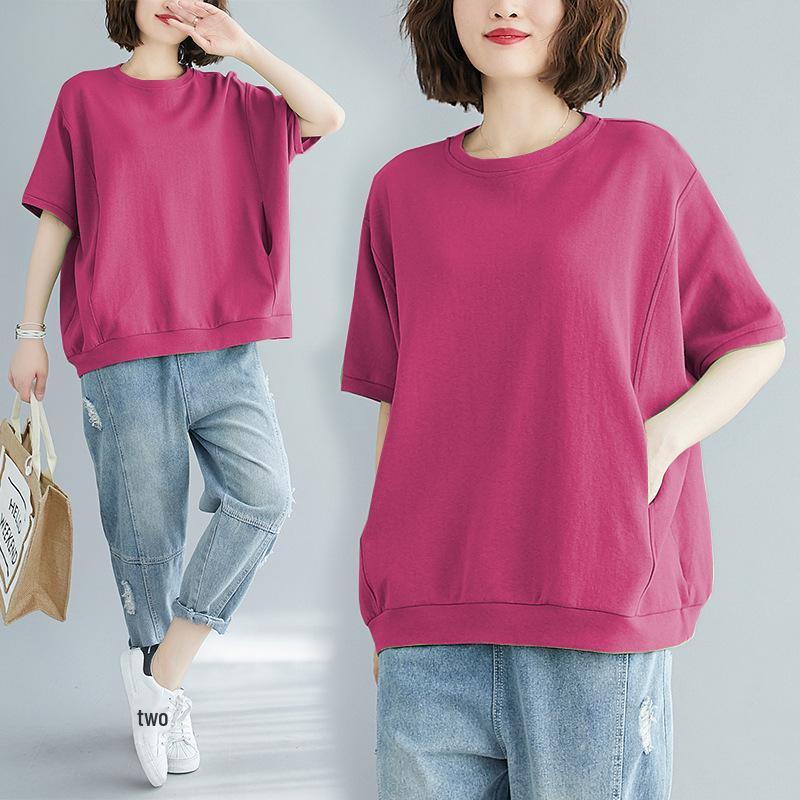2025 Summer Plus Size Slimming T-Shirt for Girls: Loose Fit, Age-Reducing, Solid Color, Versatile Short Sleeve Top