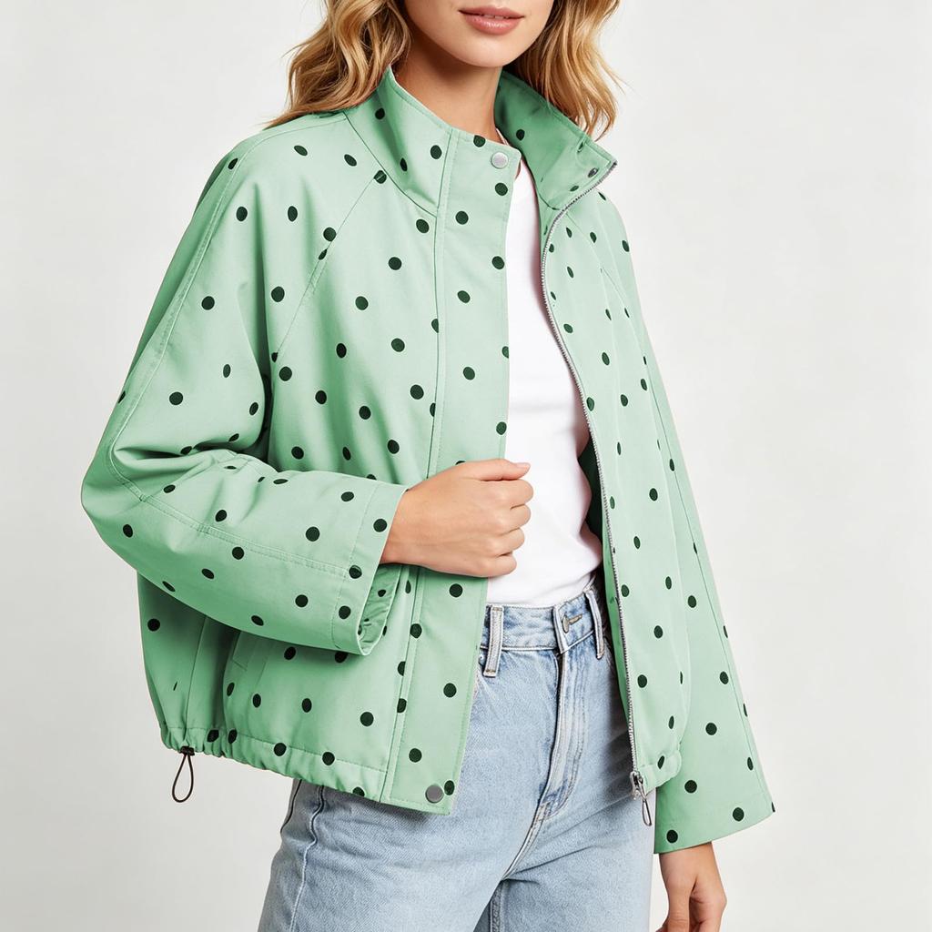 Giacca Casual da Donna a Pois con Collo Alto e, Capo Esterno Versatile dalla Vestibilità Larga