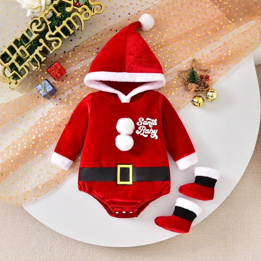 Sametový kostým Santa Clause se sadou ponožek Dětský overal Obleček s kapucí Kombinéza Kostým Pro holky