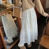 Fleece-Lined Lace Tiered Long Skirt – Cream/Black, From Korea
