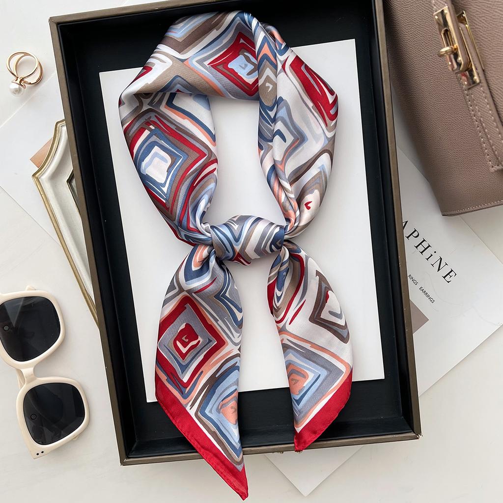 Literary Geometric Square Color Matching Trend Printing Small Square Scarf Temperament Multi-Functional Shawl Foreign Style Silk Scarf