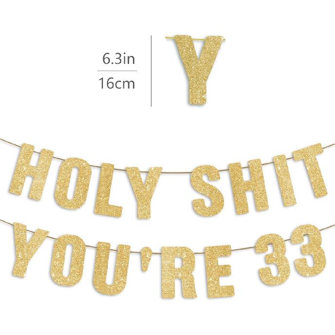 Pre-Strung Holy S You're 33 Gold Glitter Banner, Happy 33rd Birthday Decorations for Women, 33 Year Old Party Decor for Men