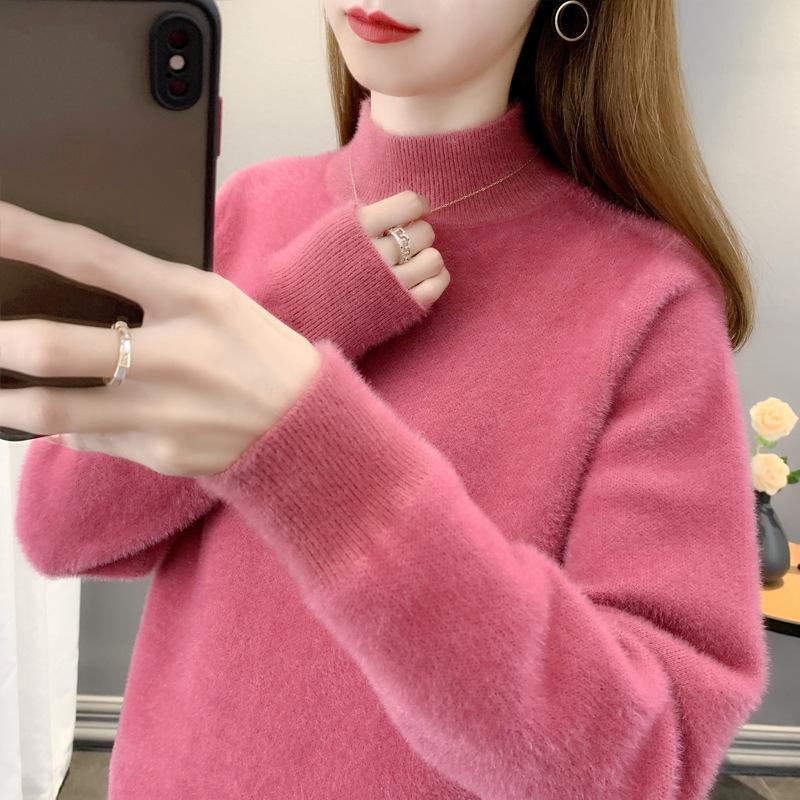 Autumn Winter Half High Collar Solid Color Simple Sweater Women Loose Casual All-match Pullover Knitting Top