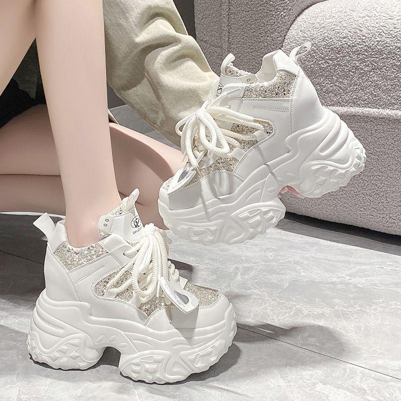 New Dad Shoes Breathable Women's New Mesh Autumn Heightening Sports and Leisure Shoes White Silver