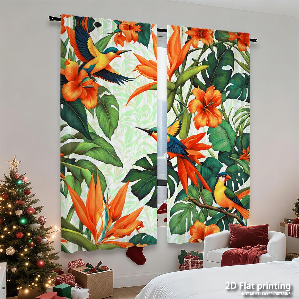 Piece Set High Definition Digital Printed Curtainstropicalfloralpatternbirdsorangegreenhome Decoration Style Curtain Made Of Polyester