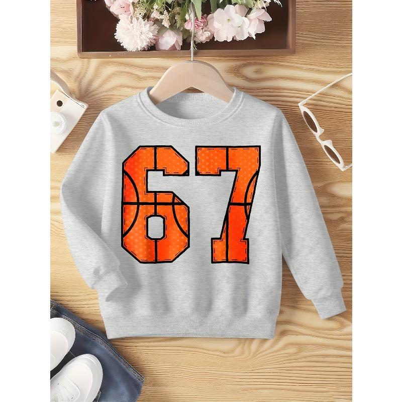 Kids Unisex Black Crewneck Sweatshirt, Orange Basketball Texture Stitch 67 Number Print Long Sleeve Pullover, Sports Sweatshirt for Boys Girls Ages 4+