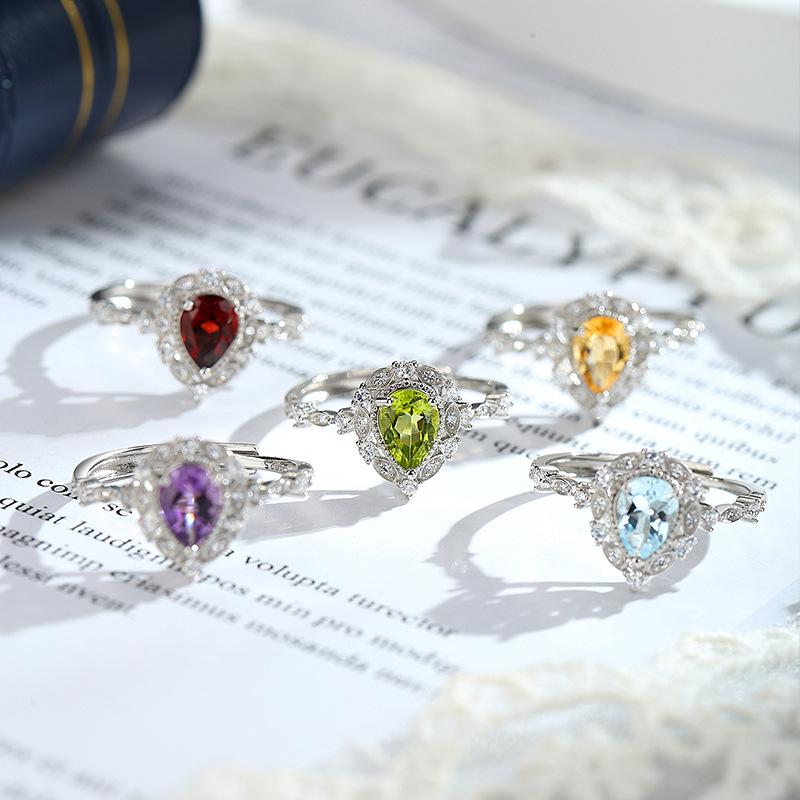 Women's 925 Sterling Silver Amethyst Ring, 5*7mm Pear Cut Natural Purple Crystal Ring, Luxury Gemstone Jewelry for Engagement, Anniversary, Gift