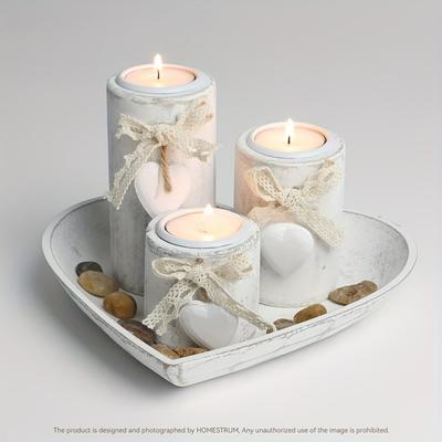 Wooden Candle Holder Set Tea Lamp Candlestick Set Heart Shaped Tray Jewelry Tray Home Decoration Christmas Present