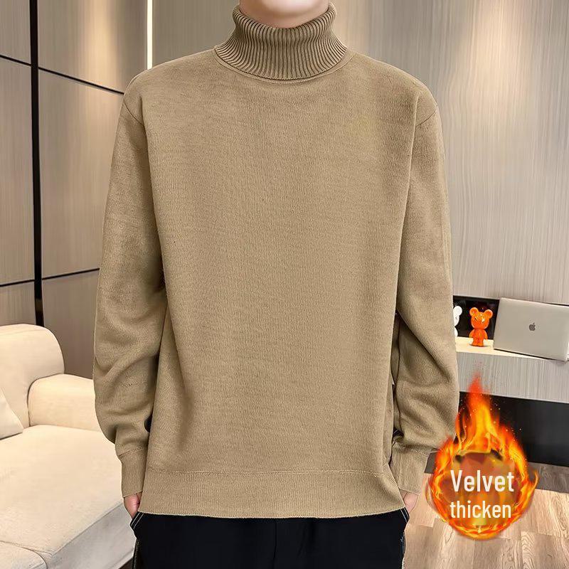Men's Solid Color Knitted Turtleneck Sweater - Warm Velvet, Autumn/Winter Style, Mid-neck Design