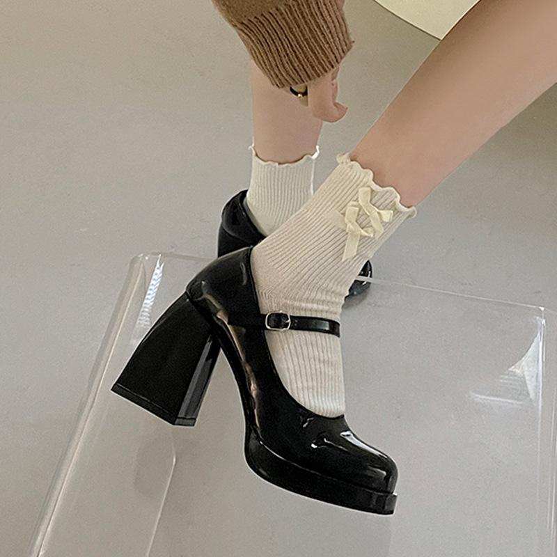 Small Leather Shoes Women's 2025 Spring New Thick Heel Thick Sole Black Versatile Height-enhancing Mary Jane High Heels
