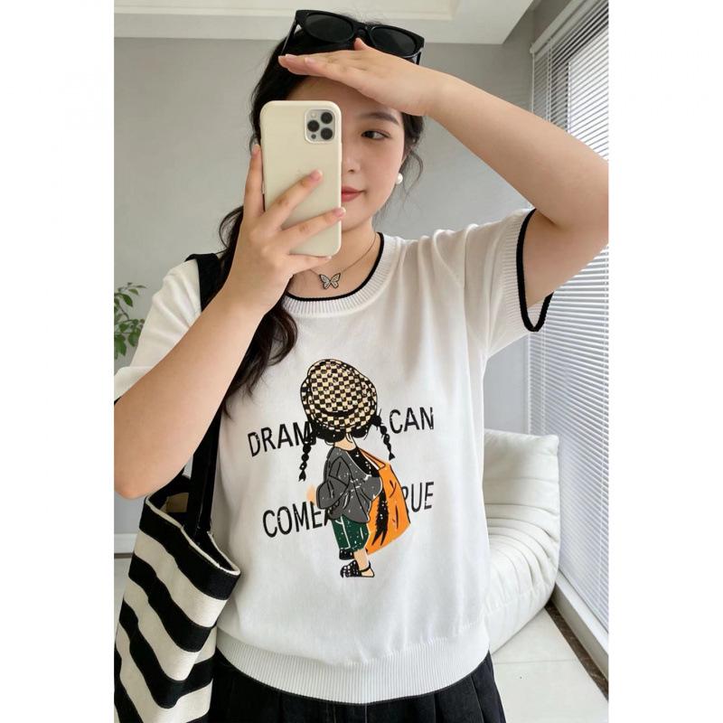 2026 Plus Size Women's Ice Silk Knit Print T-Shirt - Spring/Summer Collection, Loose Fit, Slimming, Short Sleeve