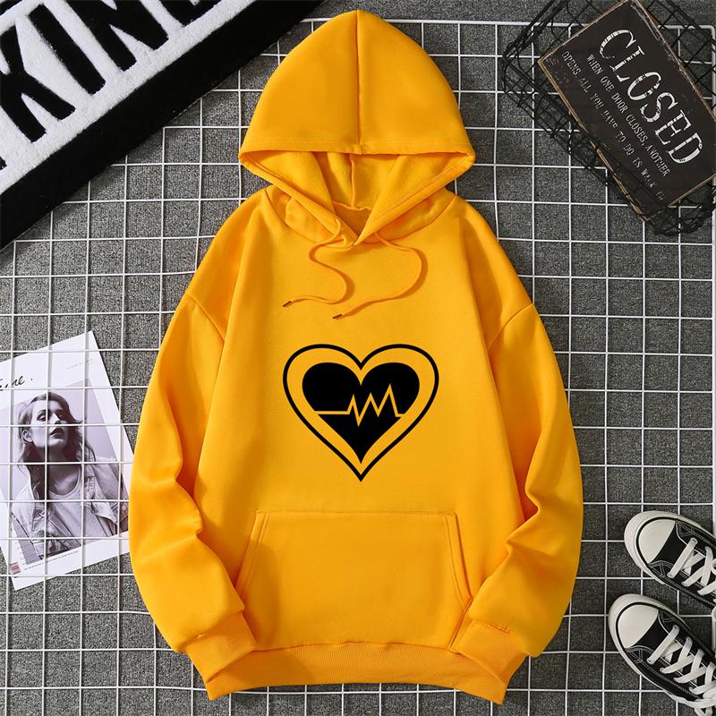 Women's Fleece Lined Hoodie Solid Color Heart Print Kangaroo Pocket Drawstring Printed Hooded Sweatshirt Streetwear