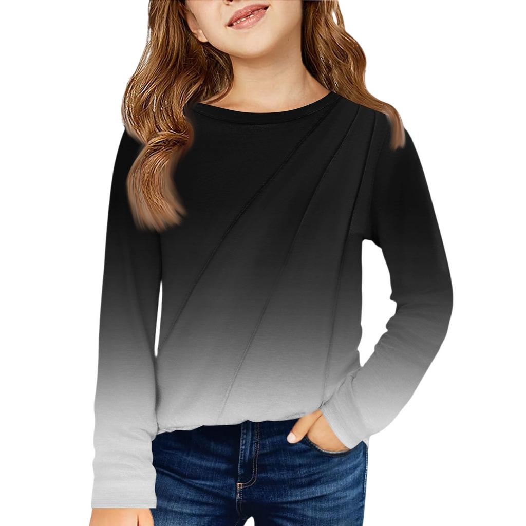 Girls' Long Sleeve Tee - Pleated Round Neck Casual Top