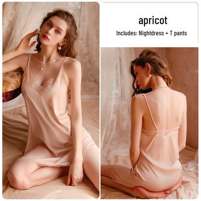 2024 Women's Sexy Ice Silk Lace Nightdress with Stylish Back