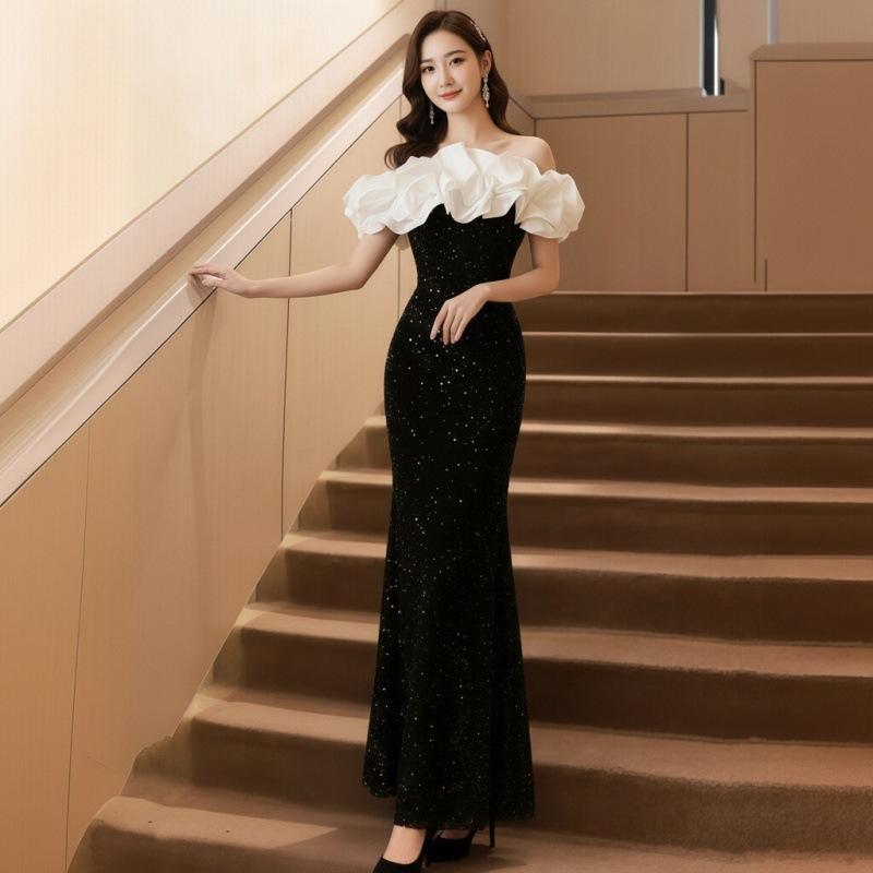 Premium One-word Shoulder Evening Dress Niche Fishtail Host Annual Meeting Dress Sequined Temperament Banquet Dress Women