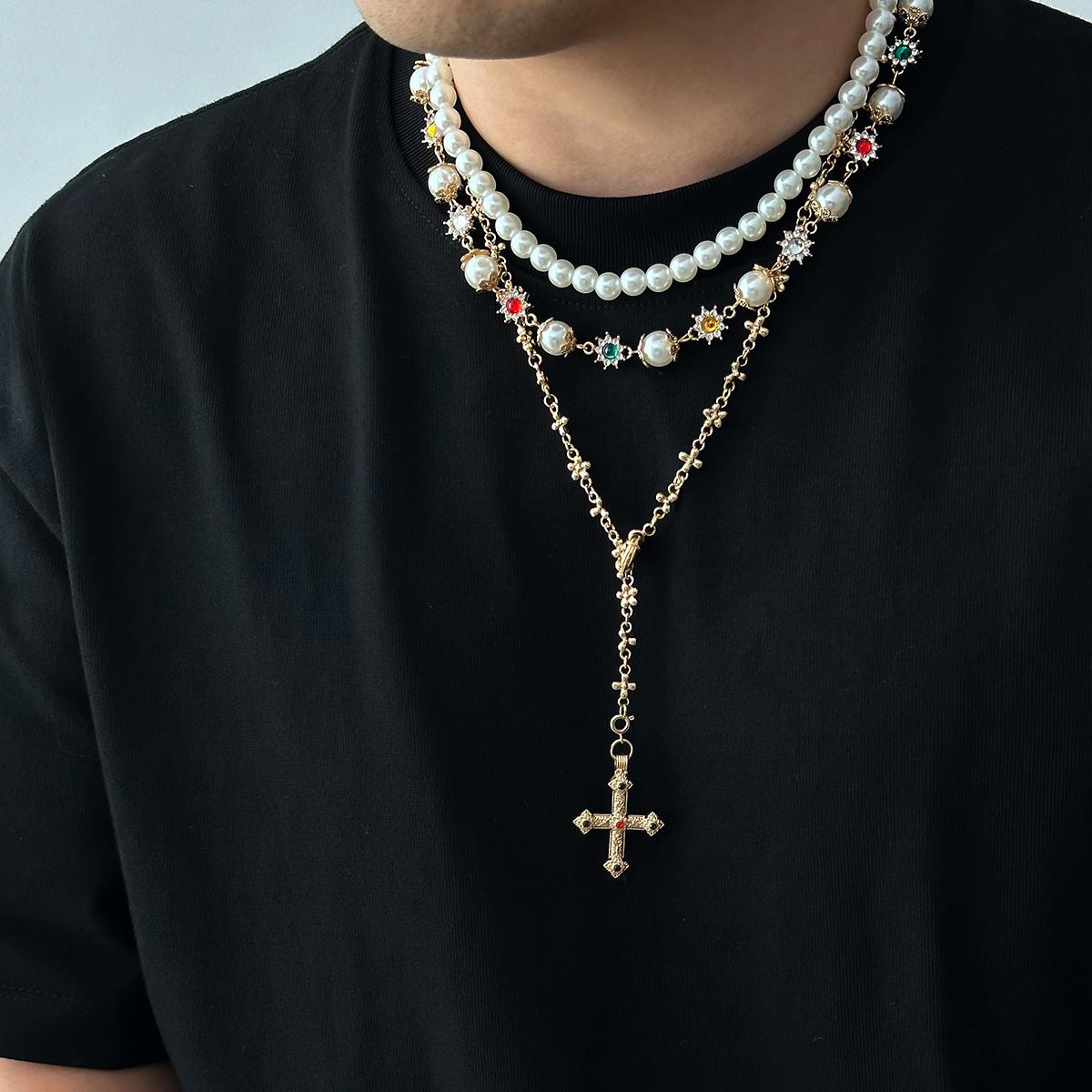 

SHIXIN 3 Pcs Trendy Imitation Pearl Rhinestone Flower Long Tassel Necklace for Men Vintage Cross Pendant Necklace Neck Jewelry