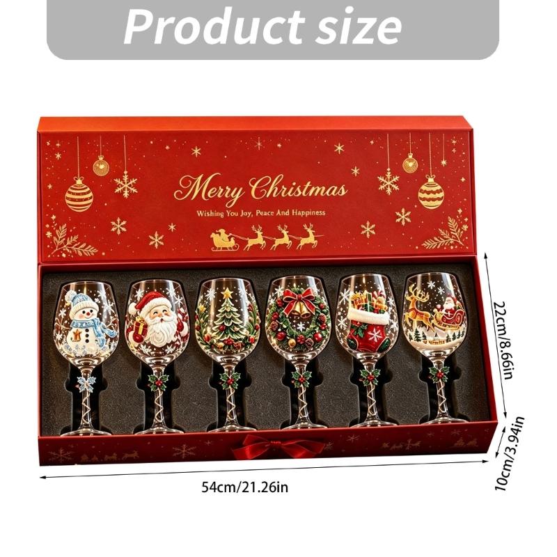 Clear Glass Christmas Wine Glasses Set of 6 with Raised Holiday Artwork and Six Different Scenes for Wine, Cocktails, Cocoa and Seasonal Entertaining