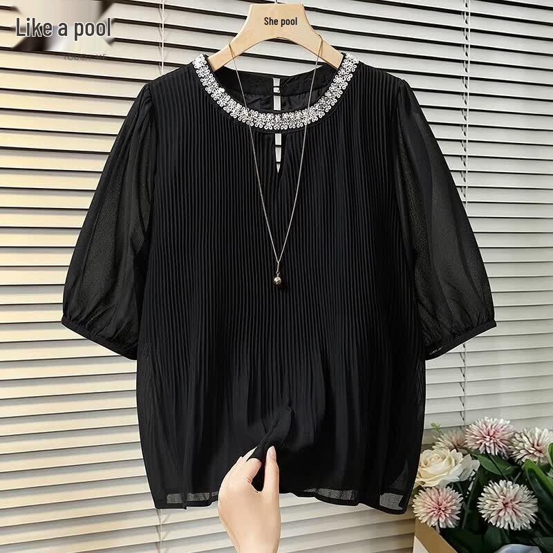 Elegant French Pleated Round Neck Cutout Blouse S