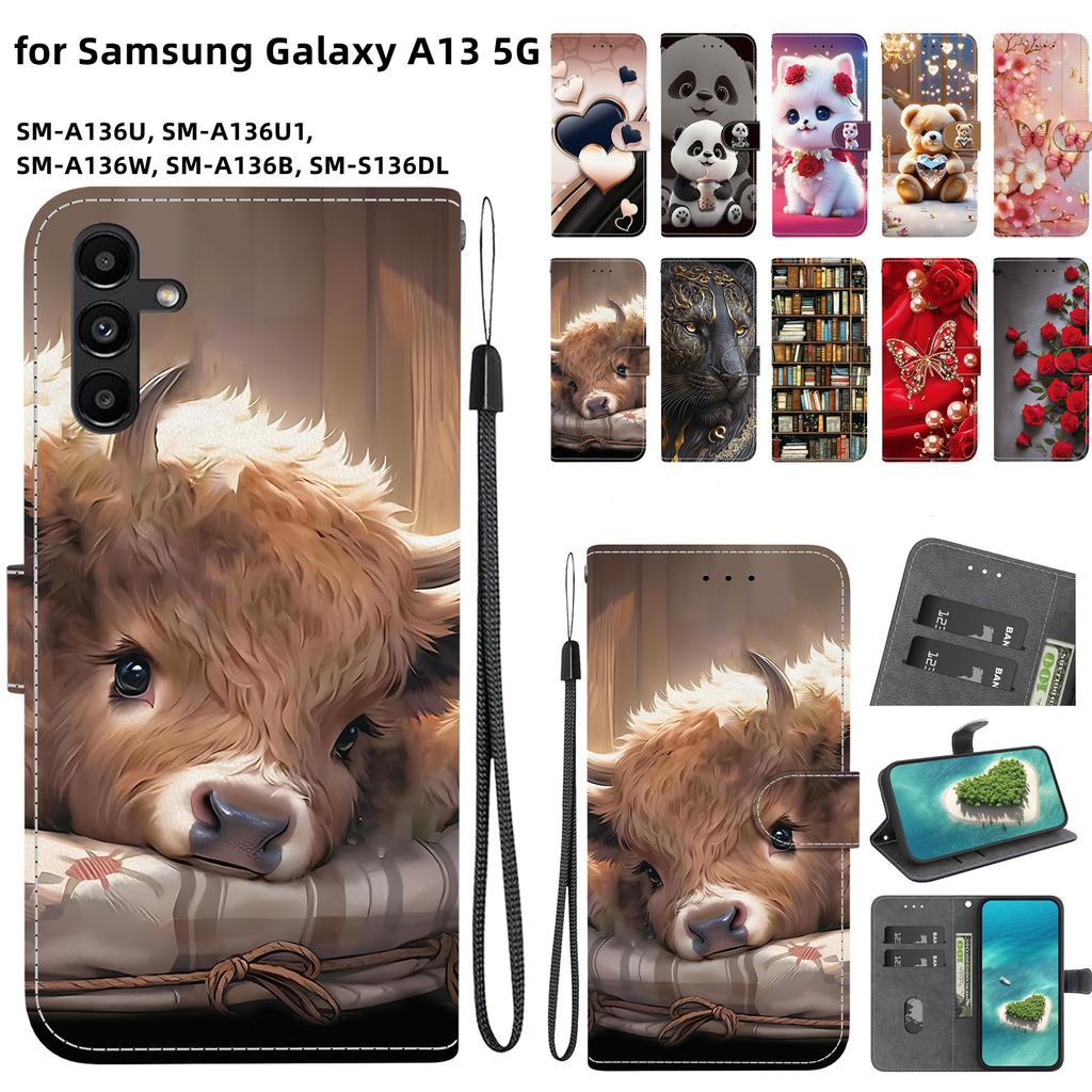 Handmade PU Leather Flip Case for Samsung Galaxy A13 5G (SM-A136U/A136W/A136B)- Anti-Slip Shockproof Cover with Wrist Strap & Heart/Rose Cat Designs