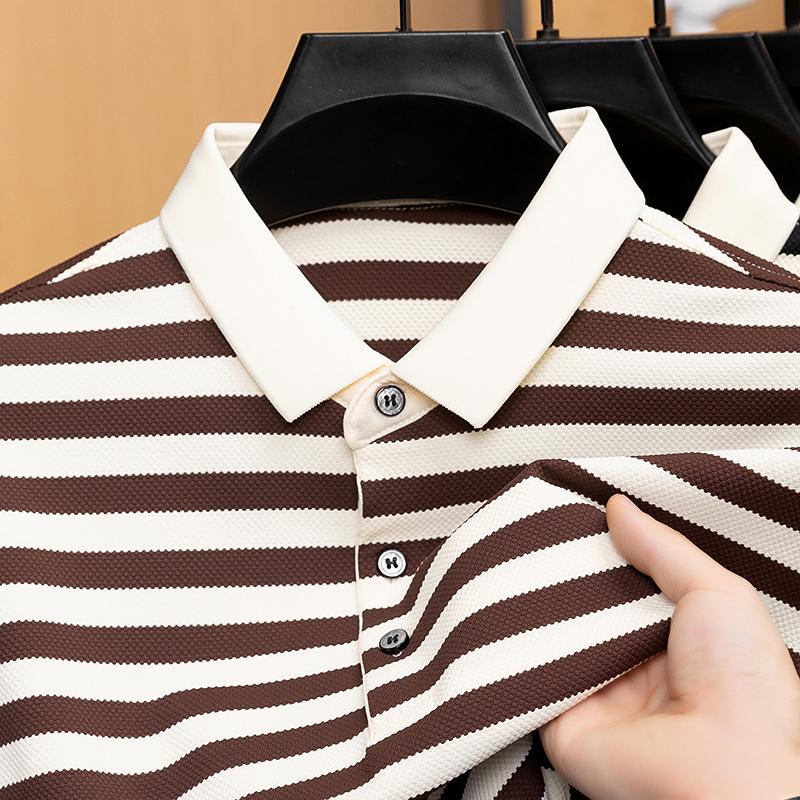 New Short Sleeved T-shirt Men's Striped Polo Shirt Casual Top Summer Ice Silk Lapel T-shirt Fashionable Summer Outfit