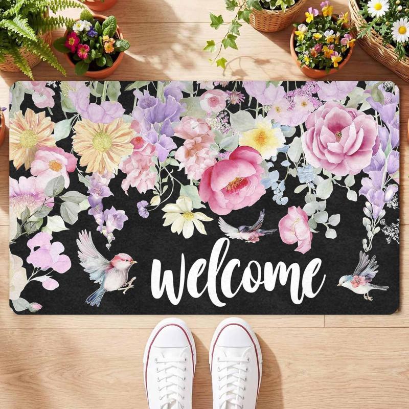 Watercolor Floral Welcome Floor Mat For Terrace Porch Floor Carpet Anti-Slip Washable Kitchen Carpet Home Decoration