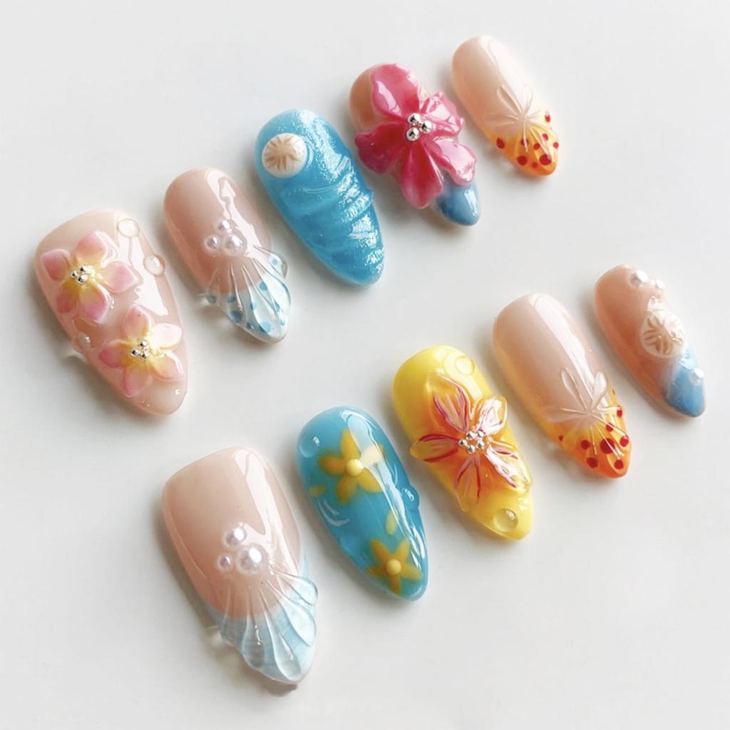 24pcs Women Almond Press On Nails Kit Cute Gloss Medium Length Fake Nails for Women Girls Manicure DIY