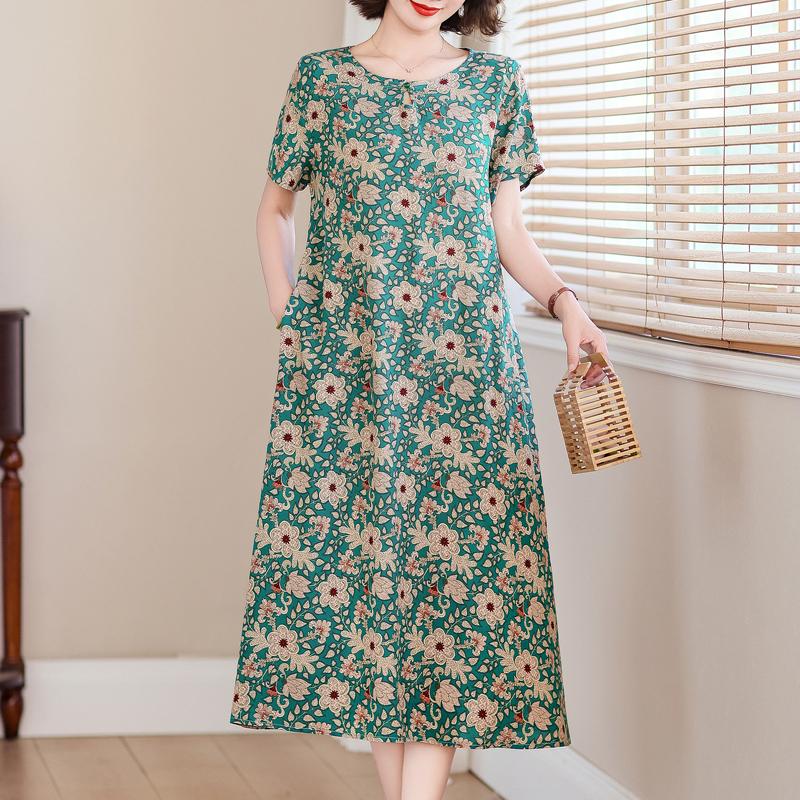 Elegant Long Dresses for Women Plus Size Loose Short Sleeve Vintage Dress Summer Middle-aged Women's Clothing