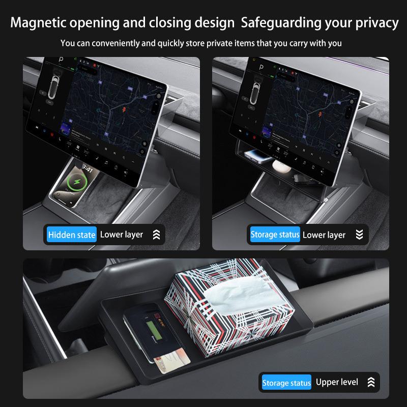 For Tesla Model Y Juniper/Model3 Highland Tray Magnetic Under Screen Hidden Storage Box Magnetic opening and closing storage box