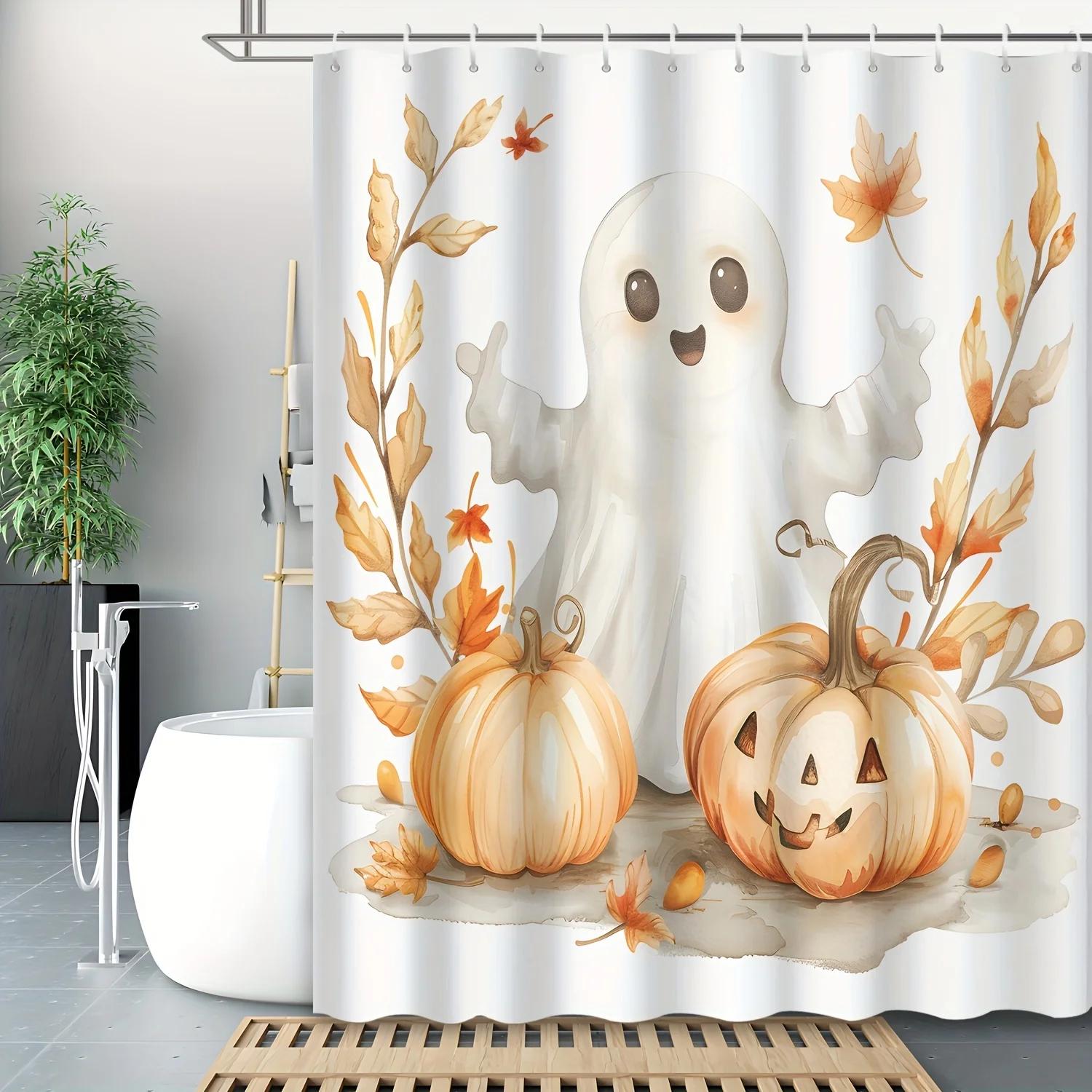 

Festive Halloween Shower Curtain - Cute Cartoon Ghost, Jack-O -Lantern & Fall Leaves, Waterproof Design,All-Season Bath Decor W60H190(CM)-1 Pcs