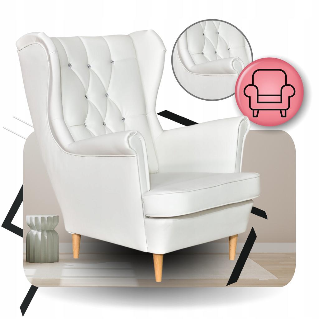 Fotel Uszak eko skóra Gaja z podnóżkiem Skandynawski Family meble biały