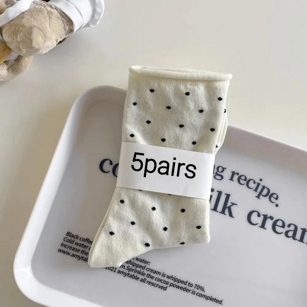 Women's Spring Summer Thin Vintage Cream Curled-edge Polka Dot Mid-tube Socks Uses For Artistic Socks Women's Clothing