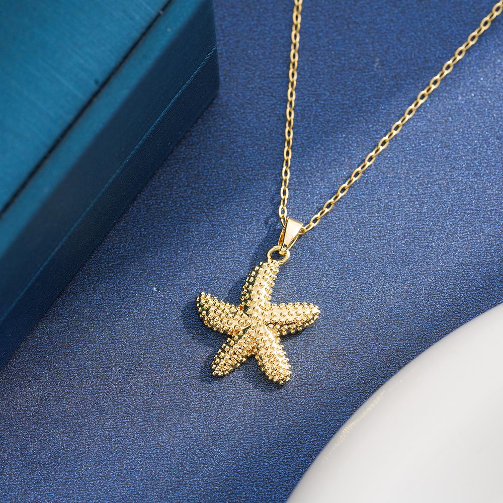 Starfish Pendant Necklace - Five-Pointed Star, Titanium Steel, Holiday Style, Colorfast Finish.