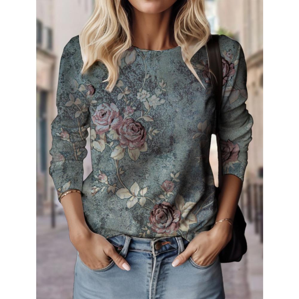 Damen T-Shirts mit Blumenmuster 3D-Druck Tops O-Ausschnitt Lässiger Pullover Langarm Y2K Kleidung für Mädchen Mode Sweatshirt