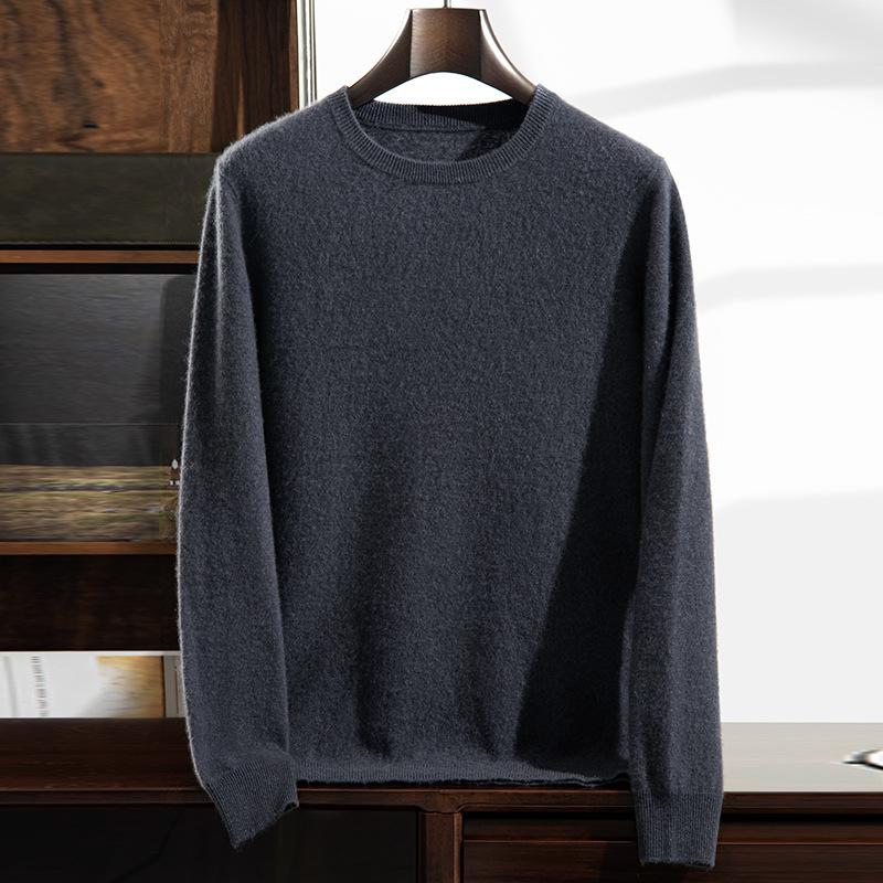 Men's Thick Warm Cashmere Sweater - Solid Color Round Neck Loose Fit