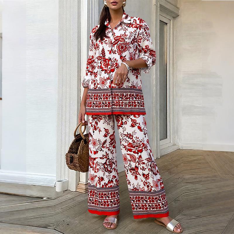 

ZANZEA Женский Блуза с длинным рукавом и брюки Повседневный костюм-двойка с принтом 3XL