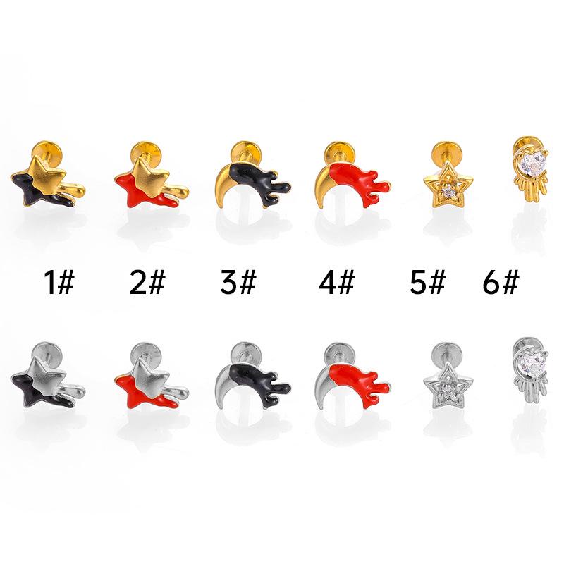 316L Stainless Steel Enamel Zircon Star & Moon Stud Earrings - Colorfast Unisex Jewelry
