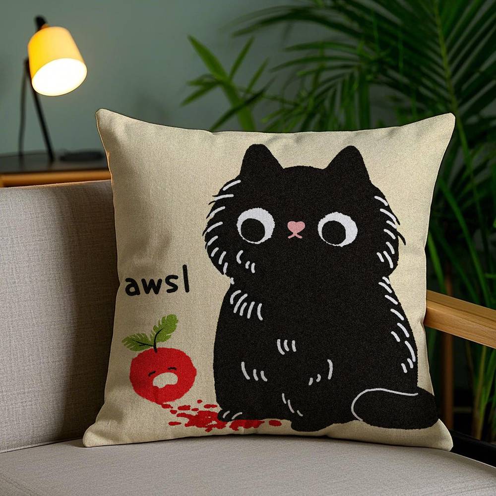Hand Drawn Cartoon Happy Cat Pillow Case Anti-dustmite Pillowcase Invisible zipper silky short plush Sofa cushion cover