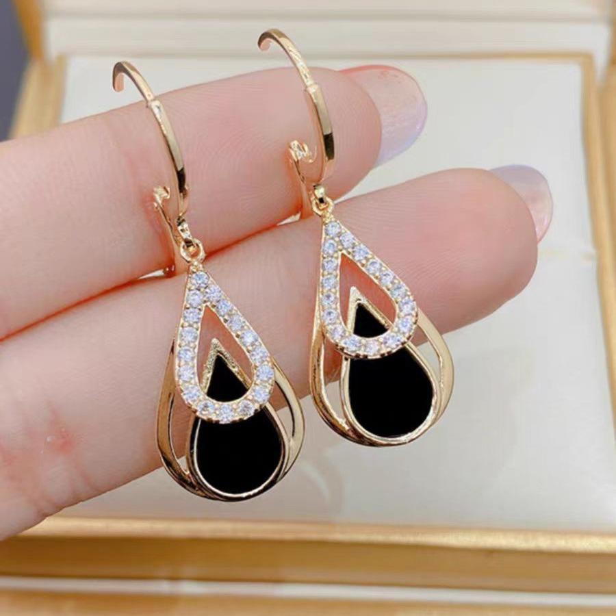 Trendy Rhinestones Black Enamel Oil Water Drop Dangle Earrings for Women Party Golden Hollow Out Round Hoop Jewelry Gift