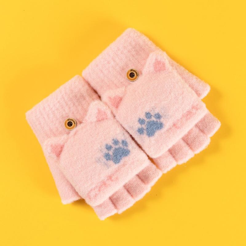 Handschuhe für Damen, Winter, süße Cartoon-Halbfinger-Flip-up-warme Student-Schreib-Strickhandschuhe