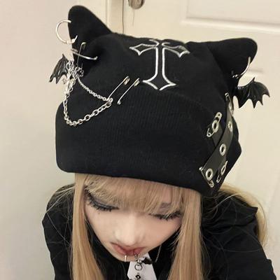 Căciulă Punk cu Urechi de Pisică, Căciulă de Lână cu Lanț în Cruce, Căciulă Subby cu Urechi de Pisică Caldă de Toamnă și Iarnă