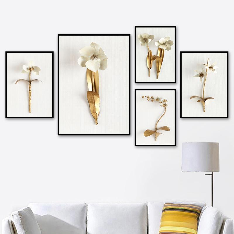Abstraktní Golden Leaf Květina Obraz na plátně Severské rostliny Plakát Nástěnná umělecká reprodukce Obraz Moderní ulička Obývací pokoj Domácí dekorace
