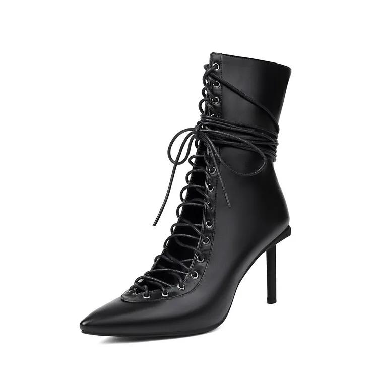 Fashion Brand Design Cross Strap Black and Red Short Boots Autumn Winter Fashion Pointed Spicy Girl Sexy Women's Ankle Boots Size 33-46
