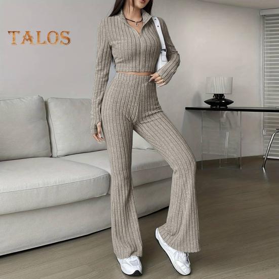 2 Teile/satz Damen Frühling Pendler Outfit Top Schlaghose Set Reißverschluss Faden Stehkragen Mantel Hohe Taille Sport Trainingsanzug Elastische Alltagskleidung